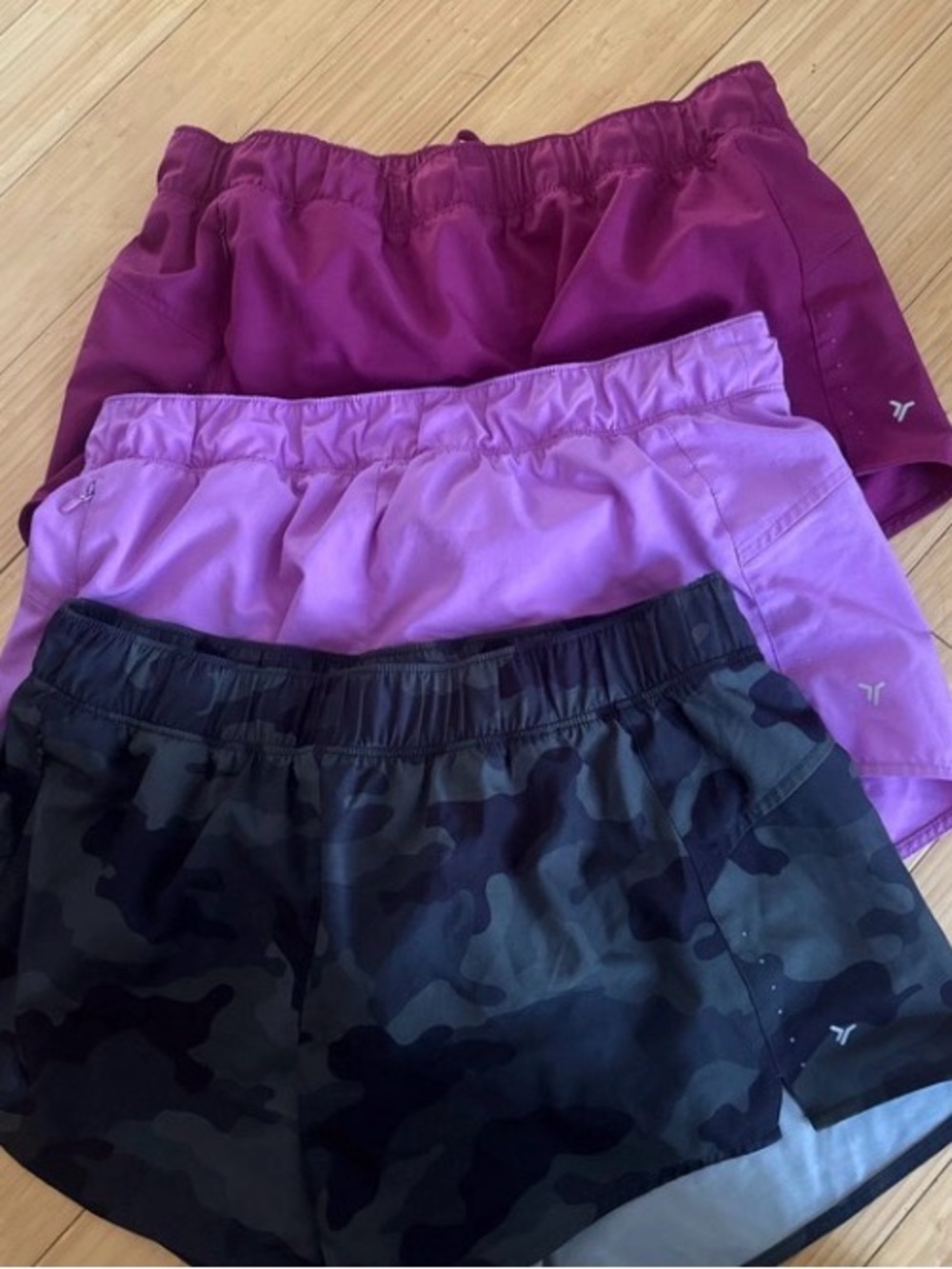 Old Navy Women’s 3-Pack Athletic Shorts — Plum, Lavender & Black Camo